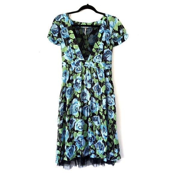 Free People Dresses & Skirts - Free People Size 12 Floral Silk Flare Tulle Midi Dress Tie Back V-Neck